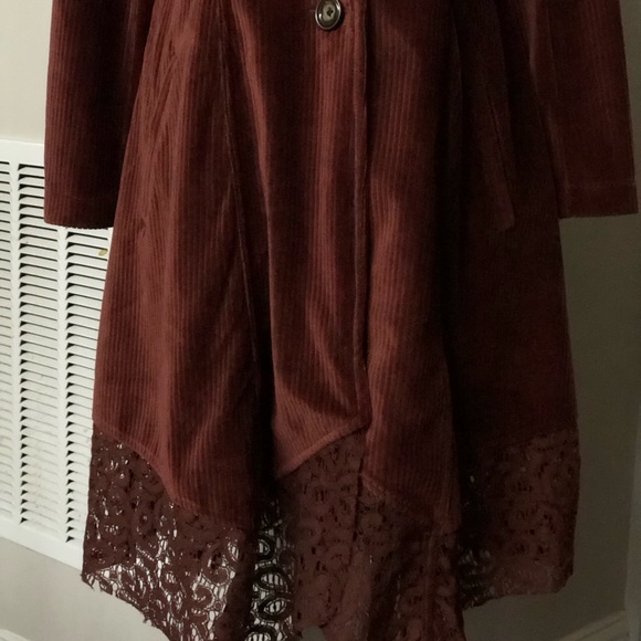 Burgundy Lace Trim Hem Soft Corduroy Dress Coat Sz M - Picture 5 of 8
